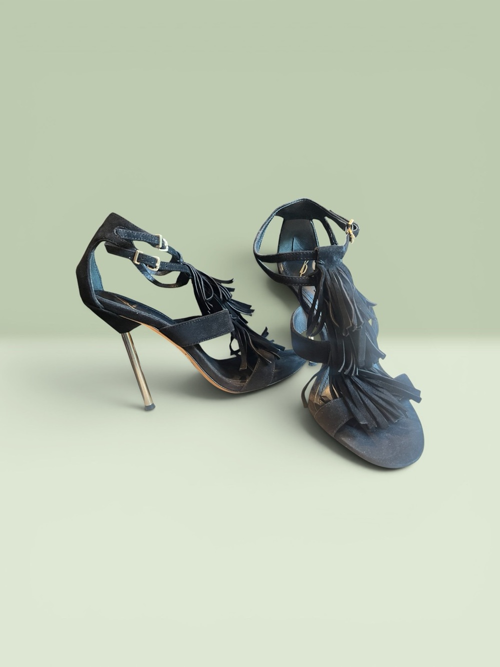 B Brian Atwood fringed Ankle-Strap High Heel Sandals in Black